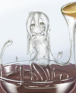 1girl ahoge blush breasts closed_mouth curss grey_eyes grey_hair grey_skin hair_between_eyes heart in_bowl in_container long_hair looking_at_viewer medium_breasts minigirl monster_girl navel nude original slime_girl smile solo spoon transparent // 900x1100 // 649.9KB