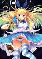1_female 1girl alice_(alice_in_wonderland) alice_(wonderland) alice_in_wonderland apron aqua_eyes arms_up bent_knees blonde blonde_hair blue_bow blue_dress blue_eyes blue_headwear blue_outfit blush bow bow_panties card card_(object) closed_mouth clubs_(card) cuffs cuffs_design diamond_(shape) dress explicit falling female floating_hair flowing_hair frilled_dress frills hairband hand_behind_head heart heart_(card) high_resolution legwear lingerie long_hair looking_at_viewer midair multicolored_legwear original original_character panties pants pantsu playing_card playing_cards pocket_watch point_of_view puffy_sleeves safe short_sleeves smile solo spade_(card) striped striped_legwear striped_print sun_s_k sunsuke sun介 thighhighs underwear very_long_hair watch white_panties white_underwear wind wrist_cuffs アリス アリス1000users入り 不思議の国のアリス 創作アリス // 1000x1415 // 1.6MB