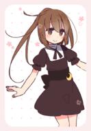 1_female alternate_costume brown_hair closed_mouth crescent crescent_moon_pin enmaided female floral_background flower_(symbol) fumizuki_(kantai_collection) kantai_collection long_hair maid maid_dress ponytail safe smile solo tied_hair very_long_hair yoru_nai // 706x1018 // 295.9KB