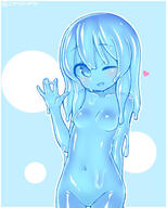 1girl ;d blue_background blue_eyes blue_hair blue_sclera blue_skin blush border breasts cowboy_shot curss hand_up heart long_hair looking_at_viewer monster_girl navel one_eye_closed open_mouth original outline slime_girl small_breasts smile solo standing thigh_gap waving white_border white_outline // 768x960 // 408.3KB