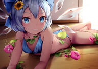 1_female arm_support ass bare_arms bare_legs barefoot bikini blue_bikini blue_bow blue_eyes blue_hair bow chen_bin cirno collarbone fairy feet female flower hair_flower hair_ornament hairpin hidden_star_in_four_seasons ice ice_wings legs looking_at_viewer lying morning_glory mythical on_floor on_stomach point_of_view short_hair smile solo summer sunflower sunflower_hair_ornament swimsuit tanned tanned_cirno thong thong_bikini touhou wings wooden_floor // 3508x2480 // 2.3MB