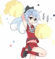 1_female 1girl anchor_symbol bow cheering cheerleader female footwear hair_bow hair_ornament hair_tie hibiki_(kantai_collection) kantai_collection knee_highs kneehighs navel pom_poms ponytail safe shoes silver_eyes silver_hair skirt sneakers socks tied_hair translated yoru_nai がんばれ // 848x916 // 76.9KB