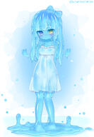 1girl absurdres barefoot blue_bow blue_hair blue_skin blush bow closed_mouth curss dot_mouth dot_nose dress eyebrows_visible_through_hair full_body hair_bow hand_up heart heterochromia highres long_hair looking_at_viewer monster_girl original purple_eyes slime_girl solo standing sundress twitter_username wet wet_clothes wet_dress white_dress yellow_eyes // 1947x2809 // 1.8MB