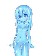 1girl arms_at_sides blue_hair blue_sclera blue_skin blue_theme blush breasts closed_mouth cowboy_shot curss long_hair monochrome monster_girl navel no_nipples nude original simple_background slime_girl small_breasts solo spot_color standing thigh_gap white_background // 768x1024 // 358.1KB