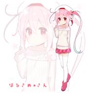 1girl alternate_costume blue_hair flower_(symbol) gradient_hair harusame_(kantai_collection) kantai_collection long_hair long_sleeves looking_at_viewer miniskirt multicolored_hair multiple_views off-shoulder_sweater off_shoulder pink_footwear pink_hair pink_skirt red_eyes ribbed_sweater skirt sleeves_past_wrists sweater thighhighs very_long_hair white_sweater yoru_nai zoom_layer // 1000x1050 // 528.8KB