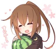 1girl blush brown_hair crescent crescent_moon_pin eyes_closed female floral_background food fruit fumizuki_(kantai_collection) heart heart_in_mouth kantai_collection solo watermelon yoru_nai // 982x864 // 151.1KB