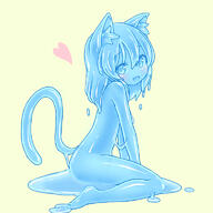 1girl animal_ear_fluff animal_ears blue_eyes blue_hair blue_sclera blue_skin blush cat_ears cat_girl cat_tail curss d fang from_side head_tilt heart looking_to_the_side medium_hair monster_girl navel nude open_mouth original simple_background skin_fang slime_girl smile solo tail yellow_background // 768x768 // 322.7KB