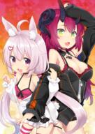 2_girls ahoge animal_ears arm_hug arm_up blush breasts bunny_ears cleavage fringe girl green_eyes hair_between_eyes hair_ornament hairclip hand_on_head heart heart_hair_ornament horn_(horns) kannazuki_genshi large_breasts light_erotic long_hair looking_at_viewer low_twintails magrona magrona_channel multiple_girls nail_polish open_mouth pink_eyes pink_hair red_eyes red_hair standing striped_thighhighs tall_image thighhighs tomari_mari tomari_mari_channel twintails virtual_youtuber zipper // 1254x1771 // 2.4MB