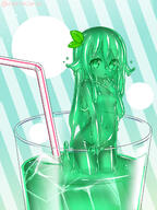1girl breasts cup curss dot_nose drinking_glass drinking_straw green_eyes green_hair green_sclera green_skin hair_leaf hand_up highres in_container in_cup long_hair looking_at_viewer minigirl monster_girl navel no_nipples nude original parted_lips slime_girl small_breasts solo standing striped striped_background twitter_username // 1200x1600 // 1.2MB