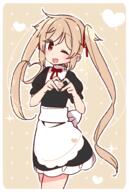 1_female 1girl ;d alternate_costume alternative_costume apron blush brown_eyes brown_hair cowboy_shot enmaided eyebrows_visible_through_hair female heart heart_hands kantai_collection light_brown_hair long_hair looking_at_viewer maid maid_apron murasame_(kantai_collection) one_eye_closed open_mouth point_of_view safe smile solo tied_hair twintails wink yoru_nai // 660x980 // 269.6KB