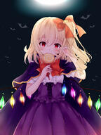 1_female 1girl alternate_costume bangs bat blonde_hair blush bow bowtie candy cape center_frills corset crystal danbooru ears eating explicit eyebrows_visible_through_hair fang fangs female fingernails flandre_scarlet food full_moon gelbooru hair_between_eyes hair_bow halloween halloween_costume hands_up head_tilt high_resolution highres holding holding_lollipop lolibooru.moe lollipop long_fingernails looking_at_viewer moon night night_sky one_side_up outdoors outside point_of_view pointy_ears purple_cape purple_skirt red_bow red_eyes red_neckwear safe safebooru shirt short_sleeves skirt sky solo tosakaoil touhou upper_body white_shirt wings // 900x1200 // 120.6KB