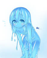 1girl blue_eyes blue_hair blue_sclera blue_skin blue_theme blush breasts closed_mouth curss grey_background highres leaning_forward long_hair looking_at_viewer medium_breasts monochrome monster_girl notice_lines original slime_girl solo spot_color standing thigh_gap transparent // 1147x1404 // 772.3KB