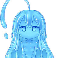 1girl ahoge blue_eyes blue_hair blue_sclera blue_skin blue_theme breasts curss huge_ahoge long_hair looking_at_viewer monochrome monster_girl no_nipples nude original simple_background slime_girl small_breasts solo upper_body white_background // 768x768 // 425.8KB