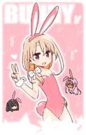 1_female 1girl alternate_costume animal_ears animal_tail bangs bare_arms bare_shoulders blonde_hair bow bunny_ears bunny_suit bunny_tail chibi chibi_inset chloe_von_einzbern commentary d ears eyebrows_visible_through_hair fake_animal_ears fake_tail fate fatekaleid_liner_prisma_illya fate_(series) fate_kaleid_liner_prisma_illya female flat_chest general hair_between_eyes hair_bow hair_over_shoulder hairband heart illyasviel_von_einzbern leotard lolibooru.moe long_hair looking_at_viewer miyu_edelfelt open_mouth outline peace_sign pink_background pink_eyes pink_hairband pink_leotard playboy_bunny point_of_view safe simple_background smile solo_focus star_(symbol) tail v white_bow white_outline wrist_cuffs yoru_nai // 730x1140 // 314.2KB
