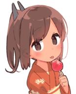 1_female 1girl blush brown_eyes brown_hair candy_apple ears_visible_through_hair eyebrows_visible_through_hair female food i-401_(kantai_collection) japanese_clothes kantai_collection kimono looking_at_viewer point_of_view ponytail safe simple_background solo tan tied_hair tongue tongue_out upper_body white_background yoru_nai yukata // 800x982 // 285.5KB