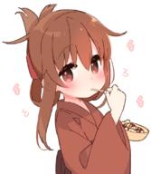 1_female 1girl blush brown_eyes brown_hair commentary_request eating female flying_sweatdrops folded_ponytail food inazuma_(kantai_collection) japanese_clothes kantai_collection kimono lolibooru.moe long_hair looking_at_viewer point_of_view ponytail safe simple_background solo takoyaki tied_hair upper_body white_background yoru_nai yukata // 952x1096 // 123.7KB
