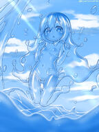 1girl blue_eyes blue_hair blue_sclera blue_skin blue_sky breasts curss d dot_nose eyebrows_visible_through_hair hands_up highres jumping light_rays long_hair looking_at_viewer monster_girl navel no_nipples nude ocean open_mouth original outdoors parted_lips sky slime_girl small_breasts smile solo thigh_gap transparent twitter_username // 1620x2159 // 2.4MB