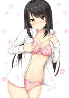 1_female bangs black_hair blush bow bow_bra bow_panties bra breasts brown_eyes cleavage closed_mouth collarbone collared_shirt cowboy_shot dress_shirt explicit eyebrows eyebrows_visible_through_hair female flower frown high_resolution lace lace-trimmed_bra lace-trimmed_panties lace_trim long_black_hair long_hair long_sleeves looking_at_viewer medium_breasts nakamura_sumikage navel no_pants open_clothes open_shirt original original_character panties pink_bra pink_panties point_of_view safe shirt simple_background solo stomach sumisanillust underwear undressing white_background white_shirt ナカムラスミカゲ 下着ワイシャツ 黒髪さん、ぬぎぬぎ // 985x1400 // 456.0KB