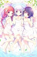 3_females alternate_hairstyle artist_name barefoot bed blue_eyes blue_hair blush braid brown_eyes circle_name collarbone d dress explicit feet female flower frilled_pillow frills from_side girl_sandwich girls_und_panzer gochiusa gochiusa_1000_users_bookmark gochuumon_wa_usagi_desu_ka? group hair_flower hair_ornament hairclip hairpin hand_on_another's_shoulder hand_on_another's_stomach hands_on_own_chest happy in_profile jewelry jouga_maya kafuu_chino leaf lolibooru.moe long_hair looking_at_viewer lying lying_down multiple_females natsu_megumi o on_side open_mouth petals pillow pixiv_57922779 plant point_of_view ponytail red_eyes red_hair safe sandwiched shiratama shiratama_(shiratamaco) shiratama_co short_hair smile sundress tied_hair twin_braids vines water white_dress white_hair x_hair_ornament yellow_eyes ごちうさ10000users入り しらたま しらたま◇3日目a-28a しらたま❄ しらたま❄111～20初個展 チマメ隊 天使のお昼寝 浄化 // 747x1126 // 843.5KB