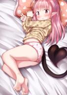 1_female 1girl 2 animal_print ass bangs bare_legs barefoot bat_print bed_sheet blush brown_pajamas brown_shirt clothes_writing contentious_content demon demon_girl demon_tail ears english english_text eyebrows_visible_through_hair feet female female_only food_print hair_bangs half_naked hands_up high_resolution highres kikit legs loli long_hair long_legs long_pointy_ear long_sleeves looking_at_viewer lying mochiyuki monster no_pants on_side open_eyes original pajama pajamas panties parted_lips pillow pink_hair point_of_view pointy_ears print_panties print_shirt questionable red_eyes safe sankaku_channel shirt soles solo strawberry_panties strawberry_print succubus tail teardrop tears text text_on_clothes toes underage underwear white_panties white_underwear yande.re young えっちなことがにがてなロリサキュバスちゃん お子様パンツ もちゆき＠cg集制作中!!!! 寝てるロリサキュバスちゃんに悪戯する絵その２ // 1447x2047 // 2.2MB
