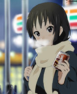 1_female 7-eleven akiyama_mio black_eyes black_hair breath can coffee explicit face female grin hands k-on! kisuke_(akutamu) long_hair looking_at_viewer point_of_view safe scarf smile solo // 623x760 // 198.5KB