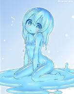 1girl barefoot between_legs blue_eyes blue_hair blue_sclera blue_skin breasts feet female female_only female_solo goo_girl hand_between_legs head_tilt high_resolution kixyuresu long_hair looking_at_viewer monster_girl nude original outline parted_lips puddle sitting slime slime_monster small_breasts solo twitter_username white_outline // 1579x1989 // 1.7MB
