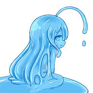 1girl ahoge blue_eyes blue_hair blue_sclera blue_skin blue_theme closed_mouth curss from_behind huge_ahoge kneeling long_hair looking_at_viewer looking_back monochrome monster_girl original simple_background slime_girl solo sweat white_background // 768x768 // 317.4KB