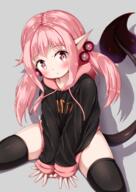1_female 1girl 2019 between_legs black_hoodie black_legwear blush bridal_gauntlets clip_studio_paint closed_mouth clothes_writing commentary_request danbooru demon demon_girl demon_tail drawstring ears explicit female grey_background hair hair_bobbles hair_ornament hand_between_legs head_tilt high_resolution highres hood hood_down hoodie humanoid humanoid_pointy_ears kikit legs legwear loli long_hair long_sleeves looking_at_viewer mochiyuki monster motiyuki not_furry original original_character pigtails pink_eyes pink_hair pixiv_73053151 pixiv_827582 point_of_view pointy_ears raised_tail red_eyes safe shadow simple_background sitting sleeves_past_wrists solo spade_tail spread_legs spreading succubus tagme tail tail_raised text_on_clothes thigh-highs topwear young えっちなことがにがてなロリサキュバスちゃん もちゆき もちゆき＠cg集制作中!!!! もちゆき＠お仕事募集中 サイハイソックス パーカー 今日はぱんつ見せてあげないよ // 1447x2047 // 1.9MB