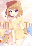 1_female animal_ears bad_id bad_pixiv_id bangs bear_ears bed bed_sheet blush bra brown_hair collarbone commentary_request ears explicit eyebrows_visible_through_hair fangs female high_resolution inside kneeling light_rays looking_at_viewer mafuyu_(chibi21) o off-shoulder on_bed open_mouth original pillow point_of_view purple_bra purple_eyes safe shirt short_hair short_sleeves solo strap_slip stuffed_animal stuffed_toy sunlight tail teddy_bear underwear yande.re yellow_shirt // 1184x1684 // 1.2MB