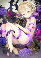 1_female ;o ass asymmetrical_bangs axe bangs barefoot blue_flower blue_rose braid breasts briar_rose_(sinoalice) brown_dress brown_hair collarbone crown_braid dress dress_removed explicit eyebrows_visible_through_hair feet female flower full_body half-closed_eye head_tilt headwear helmet high_resolution knees_up looking_at_viewer looking_to_the_side namaru_(summer_dandy) nude object_hug one_eye_closed parted_lips point_of_view purple_flower purple_rose rose safe short_hair sinoalice sleepy small_breasts solo thorns weapon yellow_eyes // 858x1200 // 735.1KB