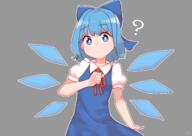  1_female absurd_resolution blue_dress blue_eyes blue_hair bright_pupils cirno closed_mouth commentary_request dress eyebrows_visible_through_hair female flat_chest grey_background high_resolution ice ice_wings lolibooru.moe looking_at_viewer outline point_of_view puffy_short_sleeves puffy_sleeves question_mark red_neckwear red_ribbon ribbon safe short_hair short_sleeves simple_background solo touhou upper_body white_outline white_pupils wings zanasta0810 // 4093x2894 // 1.8MB