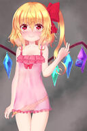 1_female bare_arms bare_shoulders blush bow breasts brown_background chemise cleavage closed_mouth collarbone commentary_request condom_wrapper cowboy_shot eyebrows_visible_through_hair female flandre_scarlet gradient gradient_background hair_between_eyes hair_bow heart heart-shaped_pupils high_resolution long_hair looking_at_viewer motion_lines naughty_face nose_blush one_side_up orange_panties panties panty_pull pink_chemise point_of_view polka_dot polka_dot_panties pulled_by_self questionable red_bow see-through simple_background siohureiya sleeveless small_breasts smile solo standing symbol-shaped_pupils tareme thigh_strap throwing touhou underwear underwear_only wings // 1000x1499 // 676.7KB