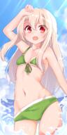 1_female 1girl arm_up armpits ass_visible_through_thighs bangs bare_shoulders bikini blue_sky blush breasts chawan_(yultutari) collarbone commentary_request danbooru day explicit eyelashes fate fatekaleid_liner_prisma_illya fate_(series) fate_kaleid_liner_prisma_illya female front-tie_top green_bikini groin hair_between_eyes high_resolution highres illyasviel_von_einzbern lolibooru.moe long_hair looking_at_viewer navel ocean one_arm_up open_mouth point_of_view red_eyes safe sky small_breasts smile solo sunlight swimsuit thighs white_hair // 800x1600 // 940.1KB