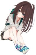 1_female 1girl backpack bag blush brown_hair female female_focus footwear high_resolution highres honryou_wa_naru one_side_up original safe shoes simple_background skirt sneakers solo white_background // 1259x1951 // 1.9MB