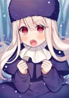 1_female 1girl bangs blurry blurry_background blush brown_hair capelet clenched_hands danbooru depth_of_field dress explicit eyebrows_visible_through_hair fate fatestay_night fate_(series) fate_stay_night female fur fur_hat gelbooru hair_between_eyes hands_up hat headwear illyasviel_von_einzbern karokuchitose light_brown_hair long_hair long_sleeves looking_at_viewer open_mouth point_of_view purple_capelet purple_dress purple_hat purple_headwear red_eyes safe safebooru snow solo v-shaped_eyebrows white_neckwear // 630x890 // 729.1KB
