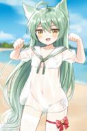 1_female 3 absurdly_long_hair ahoge akashi_(azur_lane) alternate_costume azur_lane beach bikini blue_sky blurry cloud cloudy_sky collarbone commentary_request covered_navel d depth_of_field dress female flat_chest green_hair high_resolution horizon lolibooru.moe long_hair looking_at_viewer mole mole_under_eye navel open-mouth_smile open_mouth outdoors outside paw_pose point_of_view questionable safe sailor_dress sankaku_channel see-through see-through_clothing see-through_dress shengtian side-tie_bikini sky smile solo swimsuit thighhighs thighs user_xrzr2258 very_long_hair white_bikini white_legwear white_swimsuit yellow_eyes zettai_ryouiki 升天 明石(アズールレーン) // 944x1431 // 1.2MB