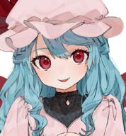 1_female alternate_hair_length alternate_hairstyle bangs blue_hair blush bow commentary commentary_request dress fangs female gotoh510 hat hat_bow headwear juliet_sleeves long_hair long_sleeves looking_at_viewer mob_cap p pink_dress pink_headwear point_of_view puffy_sleeves red_bow red_eyes remilia_scarlet safe simple_background smile solo tongue tongue_out touhou upper_body white_background // 823x889 // 733.2KB