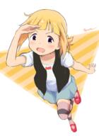 1girl aayh arm_up bangs black_vest blonde_hair blue_skirt blush bow commentary_request d diagonal_stripes eyebrows_visible_through_hair kise_sacchan looking_at_viewer mitsuboshi_colors open_clothes open_mouth open_vest point_of_view ponytail purple_eyes red_bow red_footwear shading_eyes shirt shoes short_sleeves skirt smile solo standing standing_on_one_leg striped striped_background striped_legwear thighhighs tied_hair v-shaped_eyebrows vest white_shirt // 730x1000 // 320.0KB