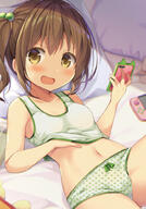 1_female bed blush bow bow_panties breasts brown_eyes brown_hair cellphone commentary_request female green_panties green_tank_top hair_bobbles hair_ornament hand_on_own_stomach loli lolibooru.moe long_hair lying mori_airi navel nintendo_switch on_back open_mouth original panties phone pillow polka_dot polka_dot_panties ponytail questionable side_ponytail small_breasts smartphone solo tank_top tied_hair underwear underwear_only // 696x1000 // 508.2KB
