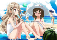 4_females 4girls abe_kanari alternate_costume ankle_cuffs aoki_momo arms_up ball beach beachball bikini bikini_bottom bikini_top blanket blue_eyes blue_hair blue_sky braid braided_ponytail brown_eyes brown_hair brown_shorts cloud collarbone commentary_request d danbooru day eating female food from_side fruit green_eyes hair_bobbles hair_ornament hair_tie hands_on_own_thighs hat headwear high_school_fleet holding_sketchbook horizon knees_together_feet_apart leaning leaning_back leaning_forward legwear light_brown_hair long_hair looking_at_another looking_up low_twintails multiple_females multiple_girls ocean on_ground one-piece_swimsuit open_mouth outdoors outside pink_bikini pink_bikini_top pink_swimsuit ponytail popsicle red-framed_eyewear safe semi-rimless_eyewear shirt short_hair short_sleeves shorts sideways_glance single_braid sitting sketchbook sky smile standing sun_hat swimsuit t-shirt tied_hair tongue tongue_out twintails uda_megumi under-rim_eyewear very_long_hair watermelon wazumi_hime white_shirt white_swimsuit x_hair_ornament yagi_tsugumi yellow_bikini yellow_bikini_bottom // 1580x1125 // 1.0MB