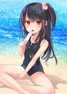 1_female 1girl 2 absurd_resolution adachi_tenka bangs bare_arms bare_legs bare_shoulders black_hair black_swimsuit blush breasts day eye_contact eyebrows eyebrows_visible_through_hair feet_out_of_frame female food hair_between_eyes hair_cubes hair_ornament high_resolution holding holding_food holding_object ice_cream idol large_filesize legs lolibooru.moe long_hair looking_at_another looking_at_viewer natsu_(sinker8c) navel ocean one-piece_swimsuit one_side_up outdoors outside p point_of_view red_eyes safe school_swimsuit shoujo_ramune sinker8 sitting small_breasts smile solo stomach swimsuit swimwear tongue tongue_out very_high_resolution very_long_hair water なつ 小女ラムネ 少女ラムネ 足立甜花 👙 // 2894x4093 // 8.8MB