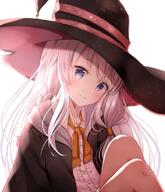 1_female 1girl black_headwear black_robe blush bow brown_bow center_frills closed_mouth collared_shirt commentary commentary_request dress_shirt elaina_(majo_no_tabitabi) eye_contact female frills hat head_tilt hood hood_down hooded_robe knees_up long_hair looking_at_another looking_at_viewer majo_no_tabitabi nasii open_clothes open_robe point_of_view purple_eyes robe safe sankaku_channel shirt simple_background sitting smile solo user_xtsy2537 very_long_hair white_background white_hair white_shirt witch_hat イレイナ 魔女の旅々 // 946x1100 // 139.8KB