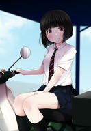 1_female 1girl 2d_art black_hair black_legwear black_skirt blurry blurry_background blush brown_eyes closed_mouth collared_shirt commentary_request day depth_of_field diagonal-striped_neckwear diagonal_stripes eye_contact feet_out_of_frame female ground_vehicle honda_super_cub koguma_(super_cub) kozue_akari looking_at_another looking_at_viewer moped motor_vehicle necktie pixiv_89793645 pleated_skirt point_of_view safe school_uniform shirt short_hair sitting skirt smile socks solo striped striped_neckwear super_cub uniform vehicle white_shirt すーぱーかぶ子 // 800x1154 // 117.5KB