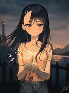1_female asymmetrical_bangs asymmetrical_hair bangs black_hair blurry blurry_background blush bodily_fluids breasts brown_eyes casual commentary commentary_request crying crying_with_eyes_open dark-skinned_female dark_skin denim ear_clip female fireworks high_resolution ijiranaide_nagatoro-san junkt light_smile lighthouse long_hair nagatoro_hayase night ocean pier safe sankaku_channel small_breasts smile solo sparkler tears 小麦肌 花火 長瀞さん 長瀞さん1000users入り // 1500x2000 // 702.4KB