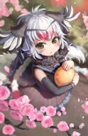 1girl bangs bare_shoulders bird_girl bird_tail bird_wings blurry blush collared_dress commentary day detached_sleeves dress egg eyebrows_visible_through_hair flower from_above fur_collar golden_egg grey_hair head_wings highres holding kemono_friends long_hair looking_up melaton multicolored_hair ostrich_(kemono_friends) outdoors parted_lips petals pink_hair sailor_collar solo standing tail two-tone_hair wings yellow_eyes めらとん ダチョウ ダチョウ(けものフレンズ) // 1100x1700 // 1.9MB