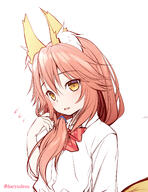 1_female 1girl 2d_art animal_ear_fluff animal_ears animal_tail bangs brown_eyes collared_shirt commentary_request dress_shirt ears eyebrows eyebrows_visible_through_hair fang fate fateextra fate_(series) fate_extra female flying_sweatdrops fox_ears fox_girl fox_tail hair_between_eyes hair_over_shoulder hand_up haryuu_(poetto) high_resolution kitsunemimi ku-do long_hair parted_lips pixiv_88371092 red_hair safe school_uniform shirt simple_background solo tail tamamo_(fate)_(all) tamamo_no_mae_(fate) twitter_username uniform upper_body white_background white_shirt ハリュー〖poetto〗 毎日お絵描き４１日目_３月１１日 // 1159x1500 // 704.4KB
