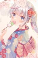 1_female 1girl blue_eyes blue_nails blurry blurry_background bow cherry_blossoms colored_nails creation dango eating eye_contact female food from_side gomalio gomano_rio gomano_rio_(vtuber) high_resolution highres japanese_clothes kimono looking_at_another looking_at_viewer looking_back mogmog🌸🍡 multicolored_hair nail_polish obi original original_character point_of_view ponytail safe sash side_ponytail solo tail tied_hair wagashi white_hair 胡麻乃りお // 1365x2051 // 2.5MB