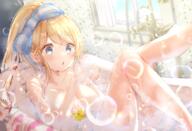 1girl bath bathing bathtub blonde_hair blue_eyes bow breasts bubble bubble_alice✨ chestnut_mouth cleavage emori_miku_project emu_alice gomalio gomano_rio hair_bow highres konachan large_breasts legs_up long_hair nail_polish nude original original_character parted_lips ponytail questionable slipper_bathtub soap_bubbles solo yande.re 仕事絵 絵夢アリス 胡麻乃りお // 2000x1362 // 2.7MB