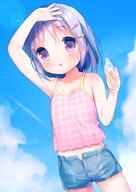 1_female angle arm_up bangs bare_arms bare_shoulders blue_shorts blue_sky blush bodily_fluids bottle breasts camisole cloud collarbone commentary_request cowboy_shot day denim denim_shorts dutch_angle eye_contact eyebrows eyebrows_visible_through_hair eyes female hair hair_ornament hairclip heart holding holding_bottle legwear loli lolibooru.moe looking_at_another looking_at_viewer mature midriff neck o open_mouth original outdoors outside panties panty_peek parted_lips pattern perspective pink_camisole pink_panties plaid point_of_view purple_eyes purple_hair safe shading_eyes short_shorts shorts shoulders sky sleeveless small_breasts solo sweat tareme tareme_eyes unbuttoned underwear usashiro_mani young // 700x988 // 538.1KB