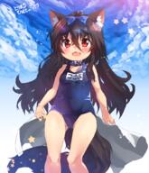 1_female animal_ear_fluff animal_ears animal_tail black_hair blue_sky blush bow collar day dog_ears dog_tail ears eye_contact eyes fangs female hair hair_between_eyes hair_bow kannagi_cocoa long_hair looking_at_another looking_at_viewer old_school_swimsuit one-piece_swimsuit open_mouth original outdoors outside point_of_view red_eyes safe school_swimsuit sky solo swimsuit swimwear tail toba_hiyoko // 900x1050 // 1.0MB